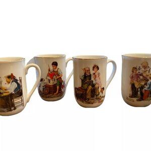 4 Vintage Norman Rockwell Museum Collection Coffee Cups Mugs 1982 Made In Japan